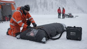 Redningsmann pakker en pasient i en Euroheater MEDEVAC oppvarmet båre i snøvær