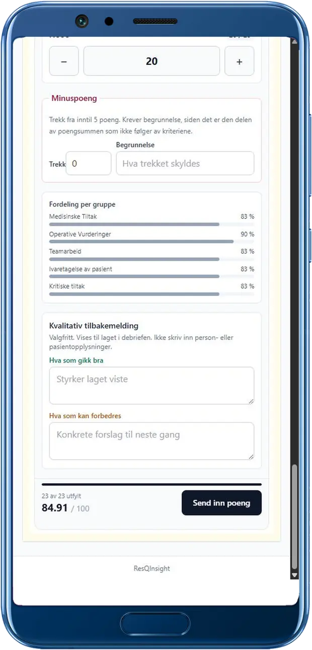 Fordeling per gruppe og tilbakemelding til laget i ResQInsight